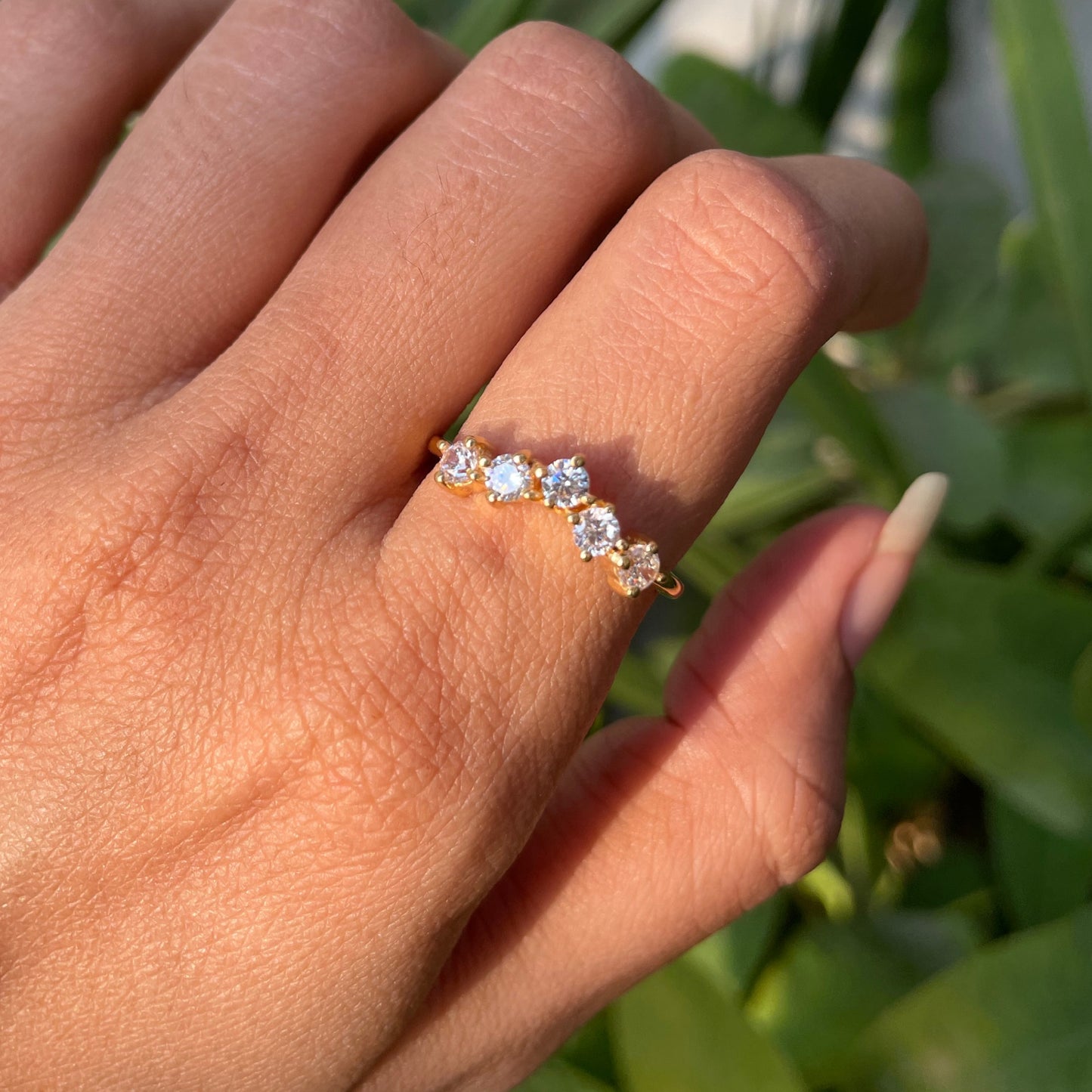 18K Gold Plated Crown Five-Stone Ring – Dainty Gemstone Stacking Band TGR1059 RM-1782
