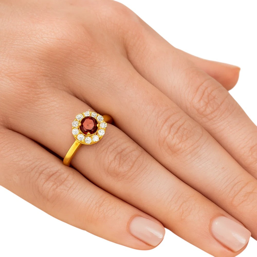 18K Gold Plated Brass Halo Ring Round Gemstone with Sparkling CZ Accents TGR1061 RM-1784