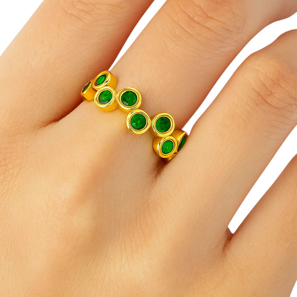 18K Gold Over Brass Round Bezel Colorful Multi Stone Statement Band Ring TGR1062