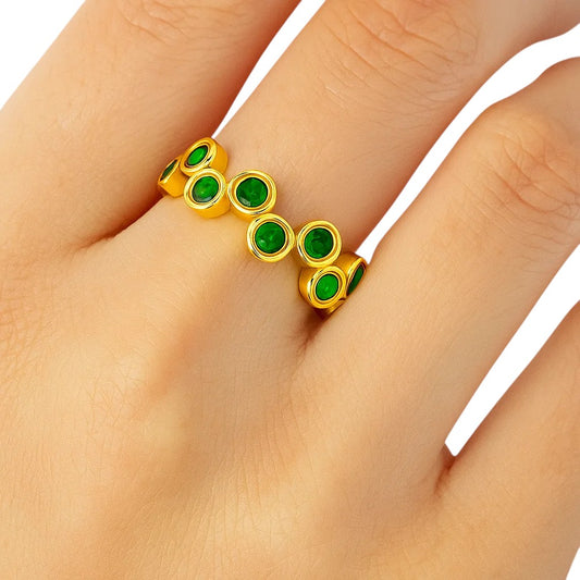 18K Gold Over Brass Round Bezel Colorful Multi Stone Statement Band Ring TGR1062