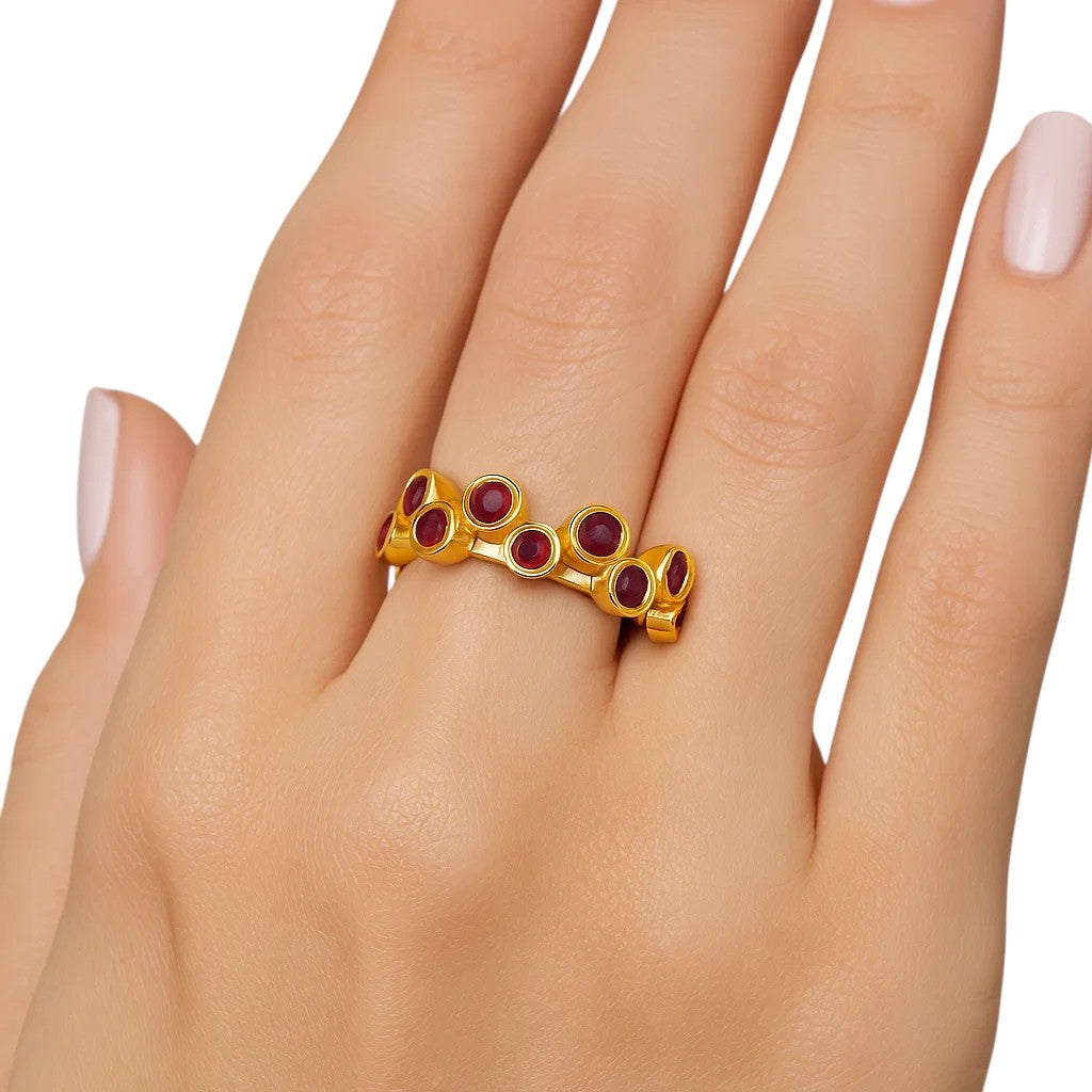 18K Gold Over Brass Round Bezel Colorful Multi Stone Statement Band Ring TGR1062