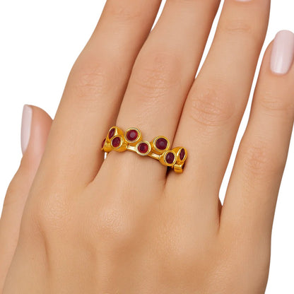 18K Gold Over Brass Round Bezel Colorful Multi Stone Statement Band Ring TGR1062