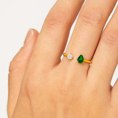 18K Gold Plated Dual Gem Ring – Pear + Round Cut Modern Stacking Band TGR1066 RM-1788