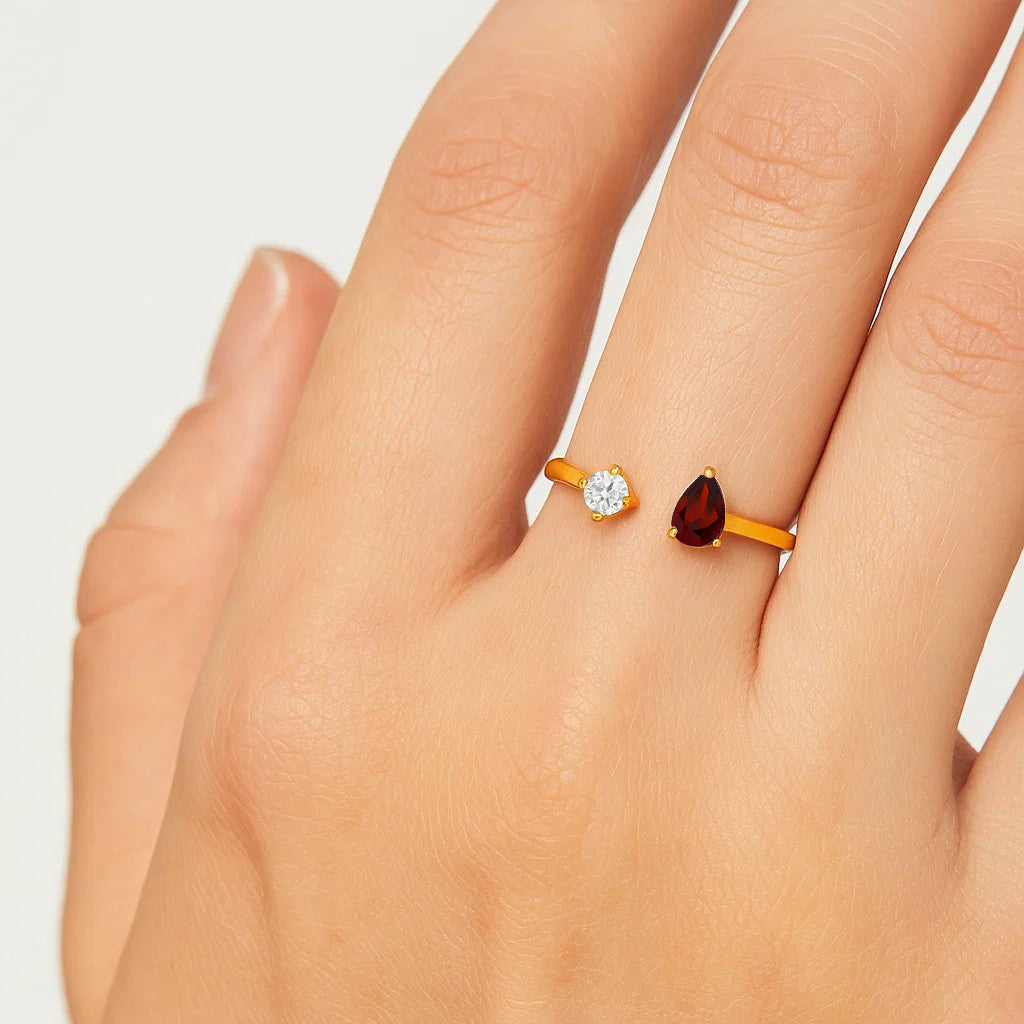 18K Gold Plated Dual Gem Ring – Pear + Round Cut Modern Stacking Band TGR1066 RM-1788