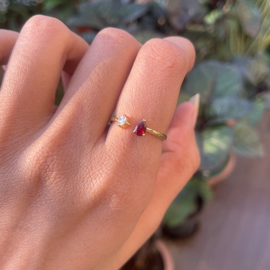 18K Gold Plated Dual Gem Ring – Pear + Round Cut Modern Stacking Band TGR1066 RM-1788