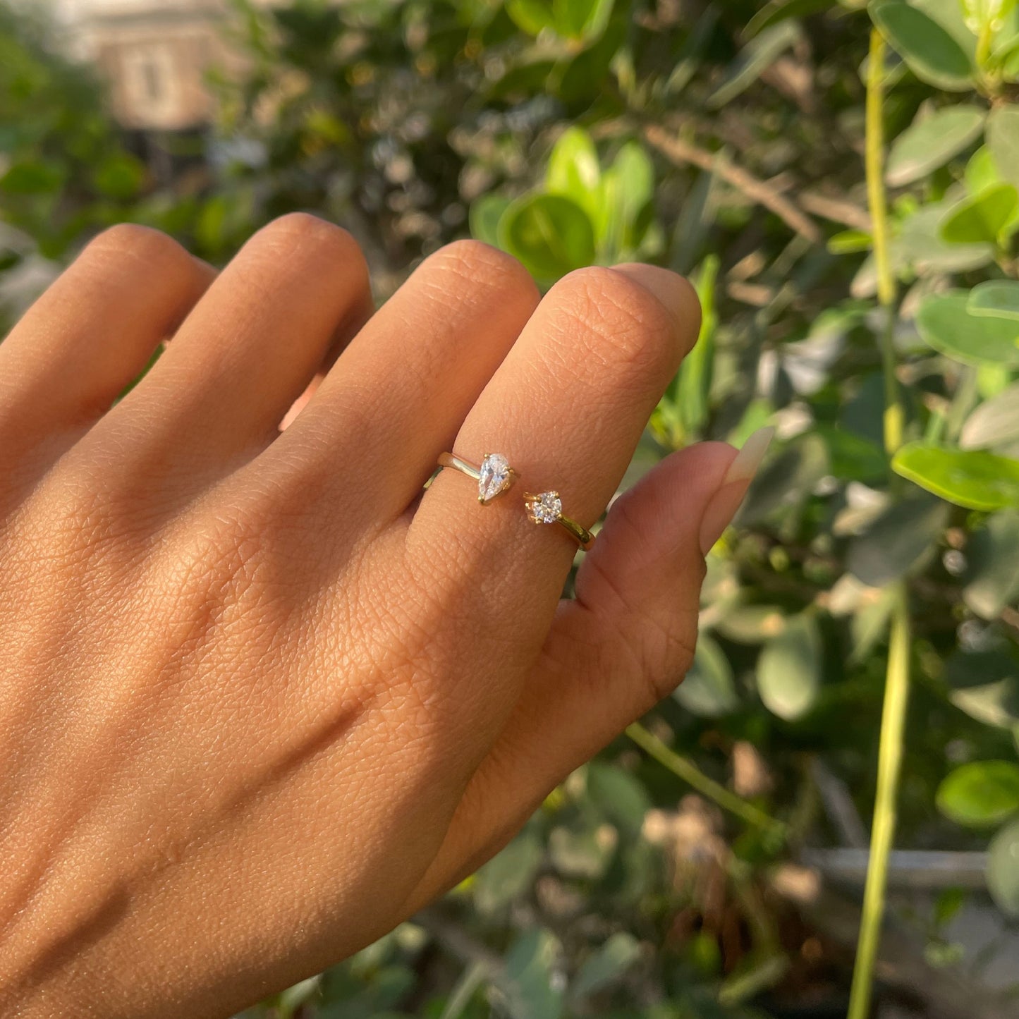18K Gold Plated Dual Gem Ring – Pear + Round Cut Modern Stacking Band TGR1066 RM-1788