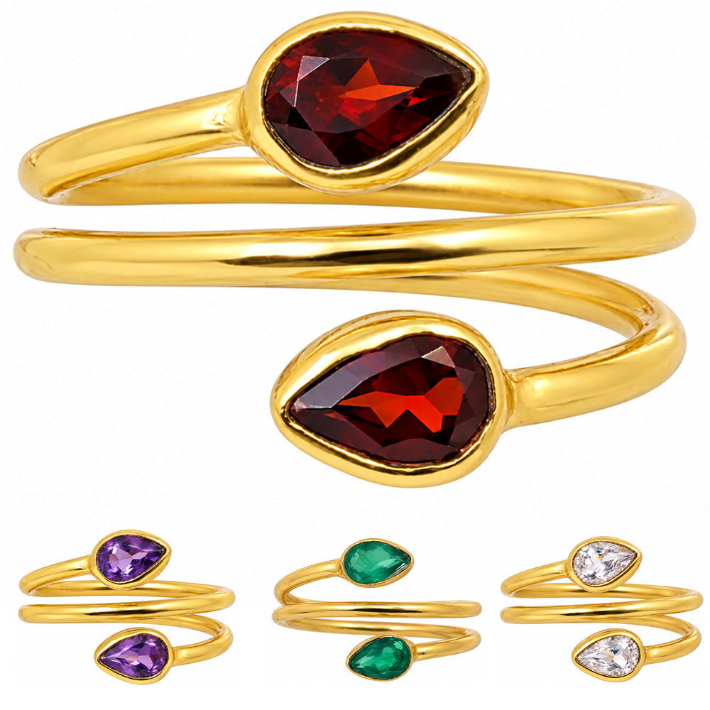 18K Gold Plated Double Teardrop Gemstone Adjustable Spiral Wrap Ring TGR1069