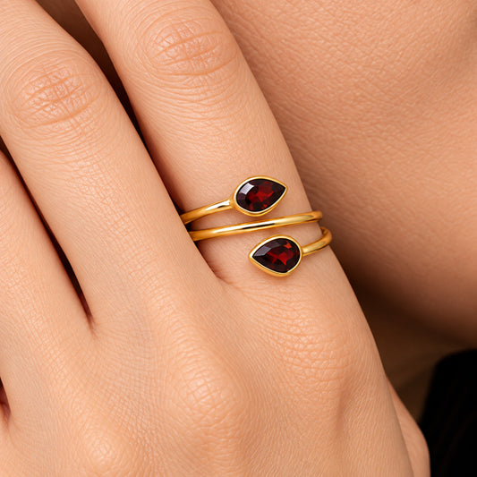 18K Gold Plated Double Teardrop Gemstone Adjustable Spiral Wrap Ring TGR1069