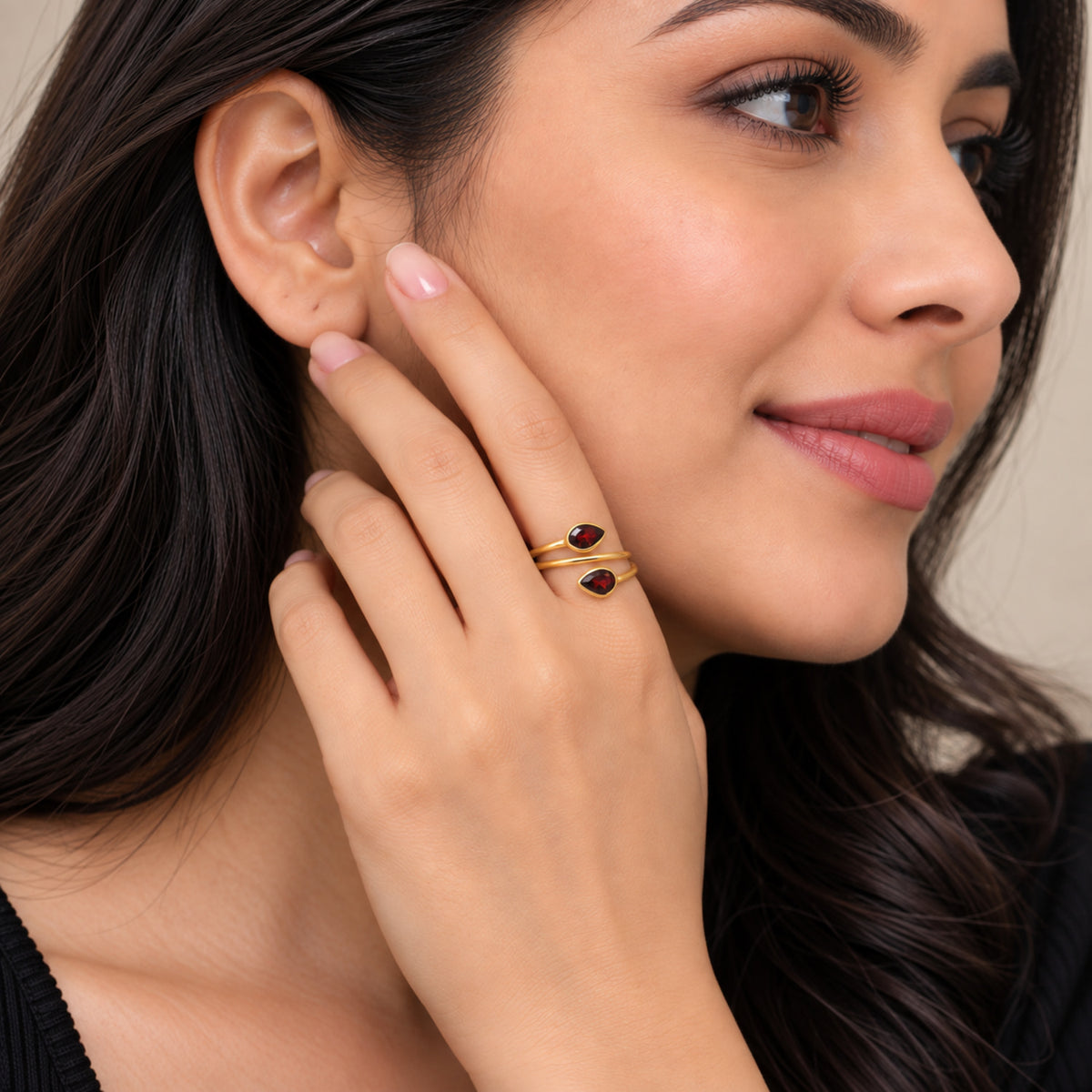18K Gold Plated Double Teardrop Gemstone Adjustable Spiral Wrap Ring TGR1069