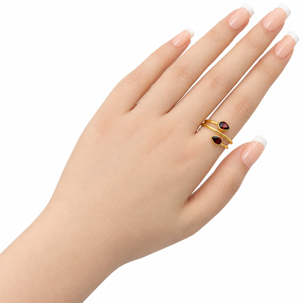 18K Gold Plated Double Teardrop Gemstone Adjustable Spiral Wrap Ring TGR1069