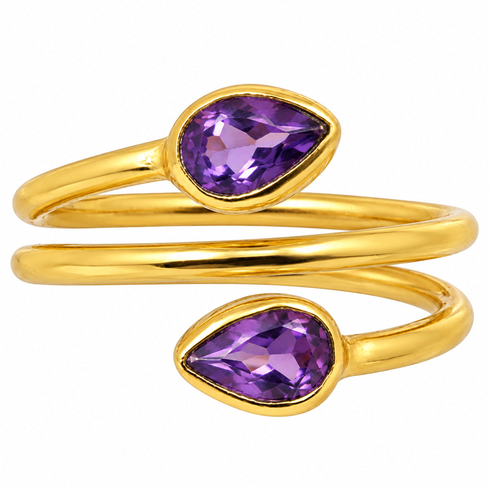 18K Gold Plated Double Teardrop Gemstone Adjustable Spiral Wrap Ring TGR1069