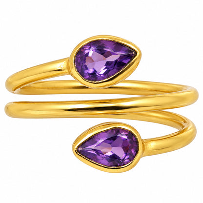 18K Gold Plated Double Teardrop Gemstone Adjustable Spiral Wrap Ring TGR1069