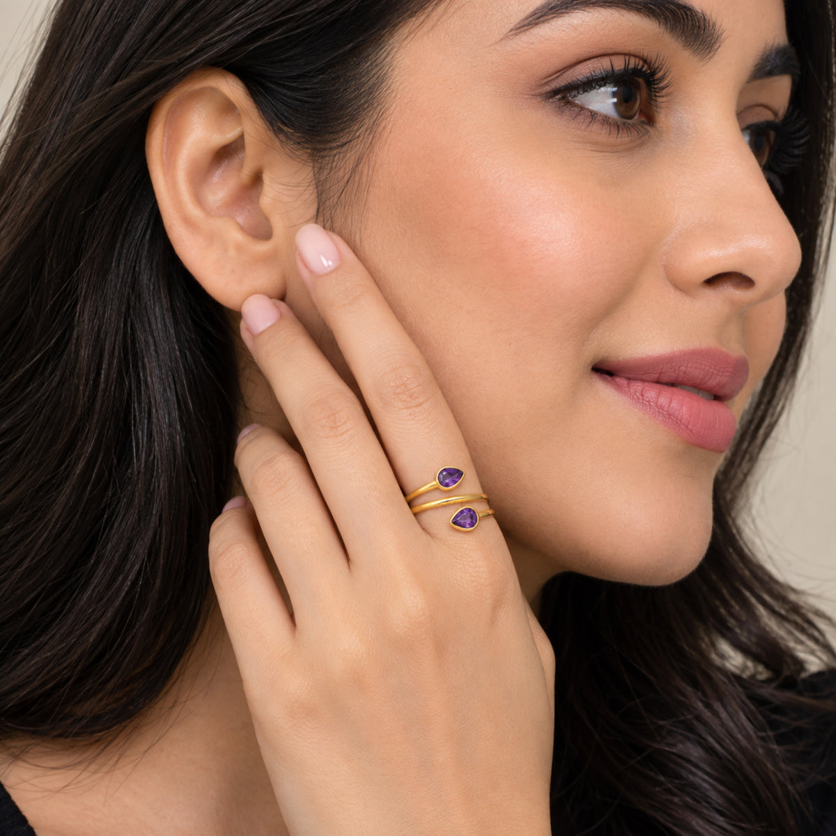 18K Gold Plated Double Teardrop Gemstone Adjustable Spiral Wrap Ring TGR1069