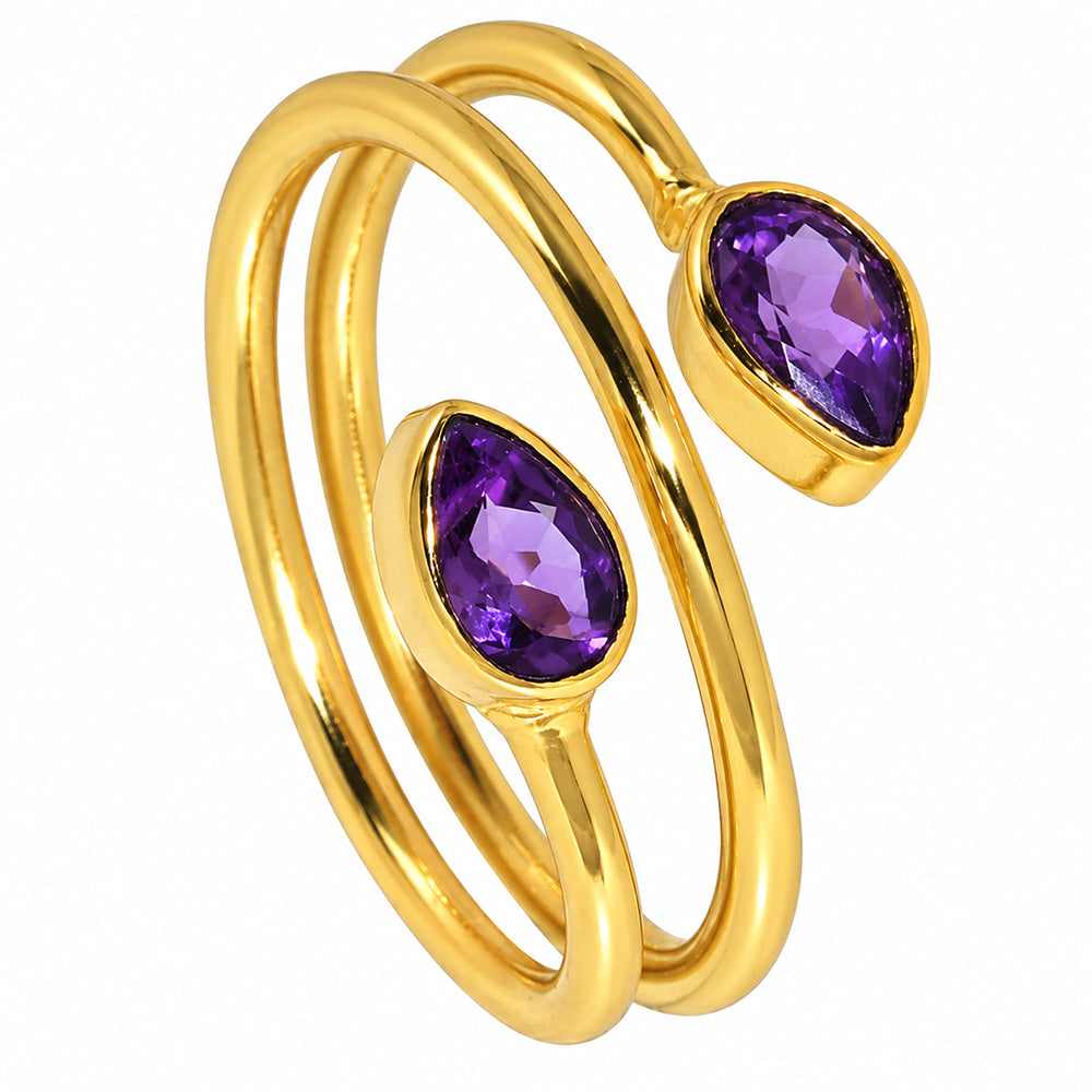 18K Gold Plated Double Teardrop Gemstone Adjustable Spiral Wrap Ring TGR1069