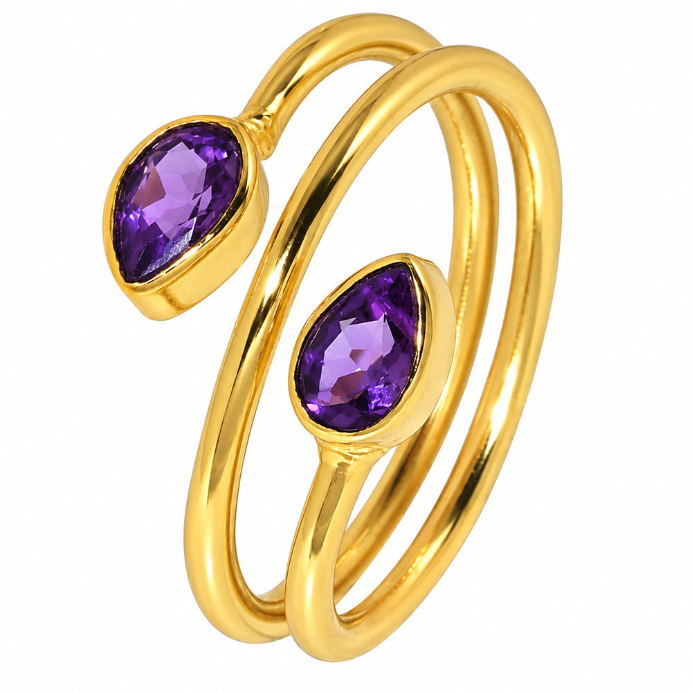 18K Gold Plated Double Teardrop Gemstone Adjustable Spiral Wrap Ring TGR1069
