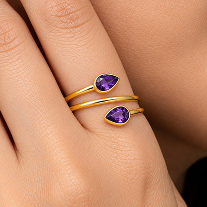 18K Gold Plated Double Teardrop Gemstone Adjustable Spiral Wrap Ring TGR1069