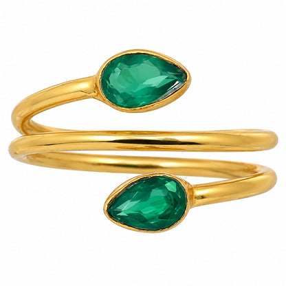 18K Gold Plated Double Teardrop Gemstone Adjustable Spiral Wrap Ring TGR1069