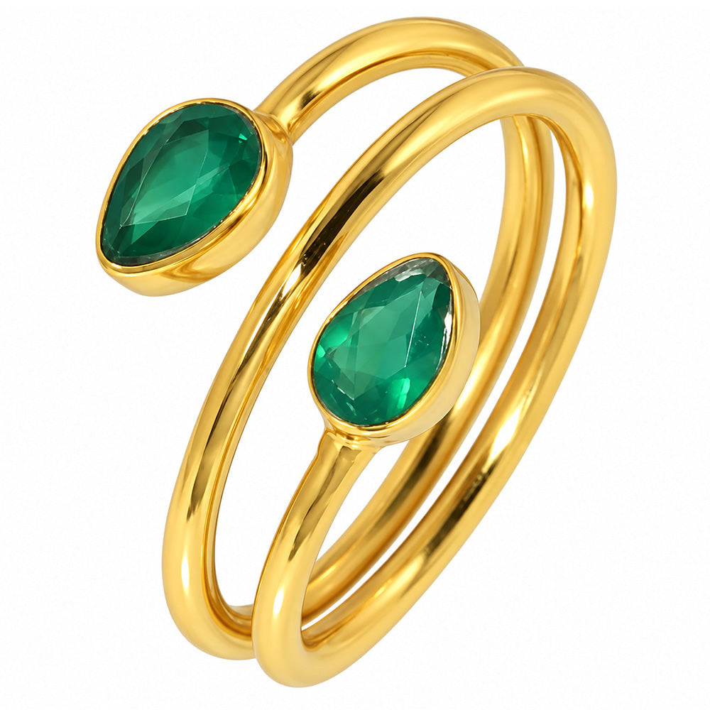 18K Gold Plated Double Teardrop Gemstone Adjustable Spiral Wrap Ring TGR1069