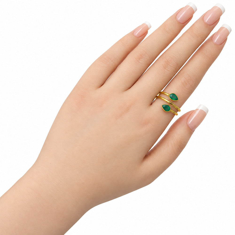 18K Gold Plated Double Teardrop Gemstone Adjustable Spiral Wrap Ring TGR1069