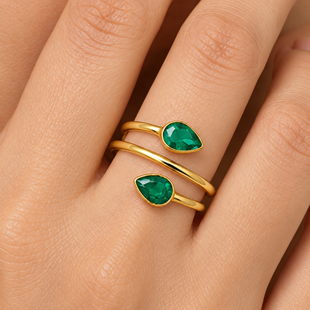 18K Gold Plated Double Teardrop Gemstone Adjustable Spiral Wrap Ring TGR1069