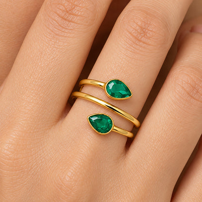 18K Gold Plated Double Teardrop Gemstone Adjustable Spiral Wrap Ring TGR1069