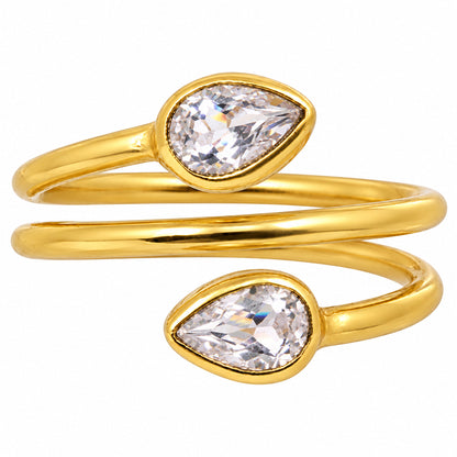 18K Gold Plated Double Teardrop Gemstone Adjustable Spiral Wrap Ring TGR1069
