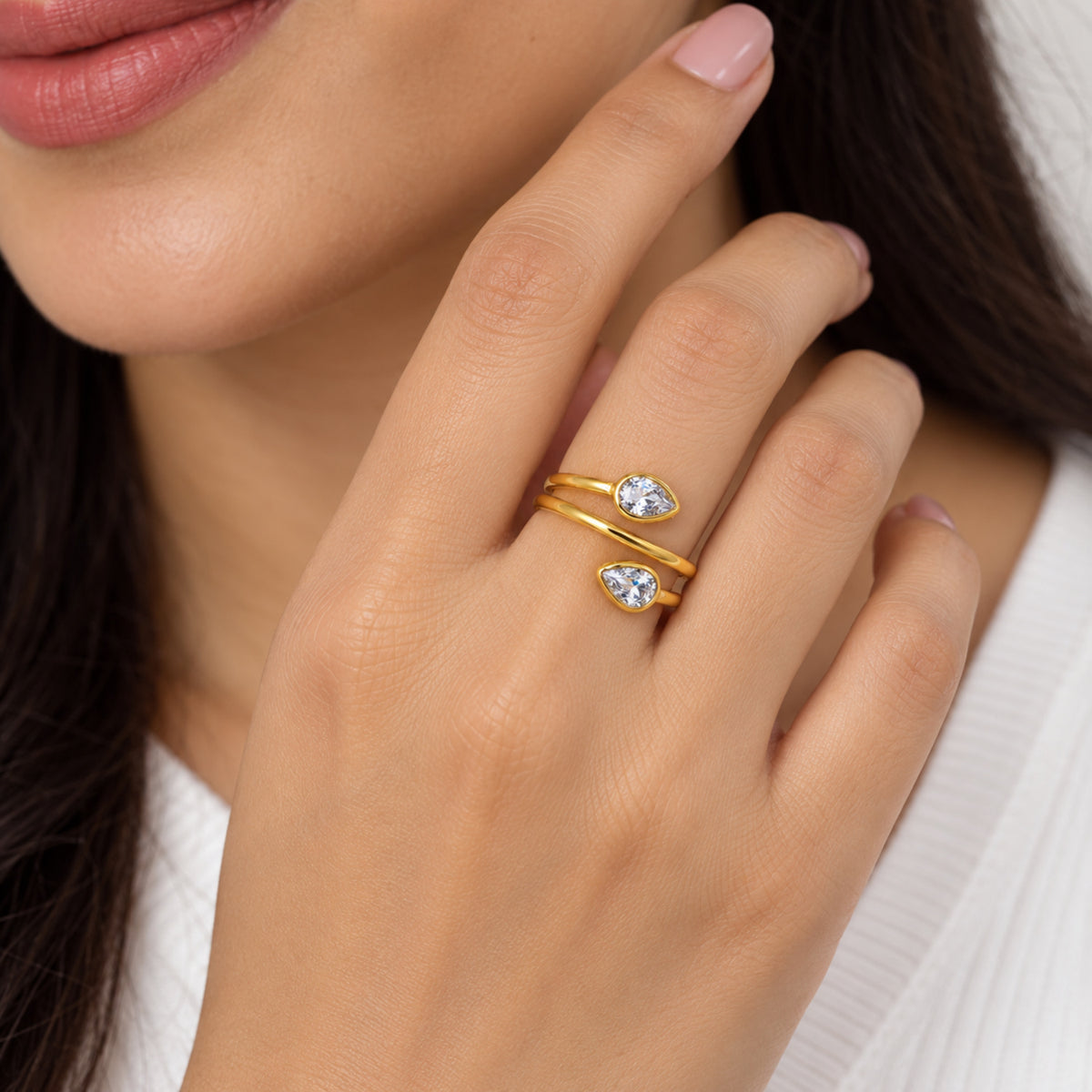 18K Gold Plated Double Teardrop Gemstone Adjustable Spiral Wrap Ring TGR1069