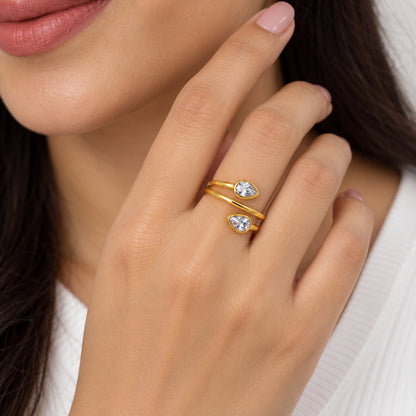 18K Gold Plated Double Teardrop Gemstone Adjustable Spiral Wrap Ring TGR1069
