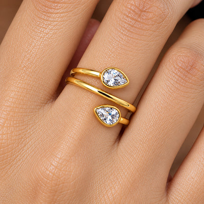 18K Gold Plated Double Teardrop Gemstone Adjustable Spiral Wrap Ring TGR1069