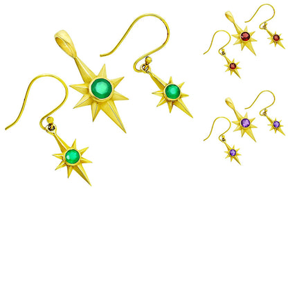 18K Gold Over Brass Starburst Pendant Earings Set with Colorful Gemstone TGT1001 TM-1009