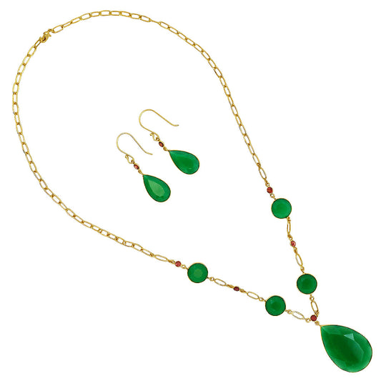 18K Gold Over Brass Green Onyx and Garnet Necklace Earrings Set TT01001
