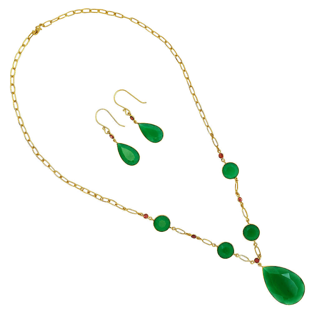 18K Gold Plated Green Onyx and Garnet Necklace Earrings Set TT01001