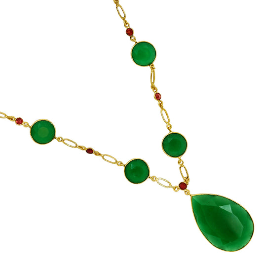 18K Gold Over Brass Green Onyx and Garnet Necklace Earrings Set TT01001