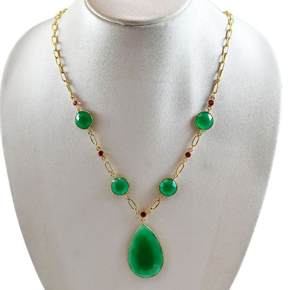 18K Gold Plated Green Onyx and Garnet Necklace Earrings Set TT01001