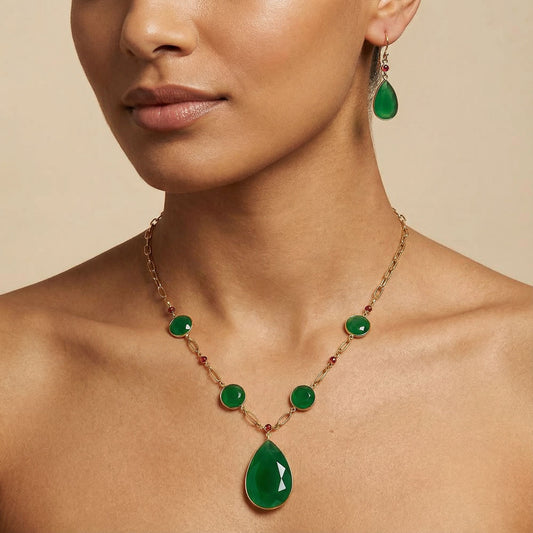 18K Gold Plated Green Onyx and Garnet Necklace Earrings Set TT01001