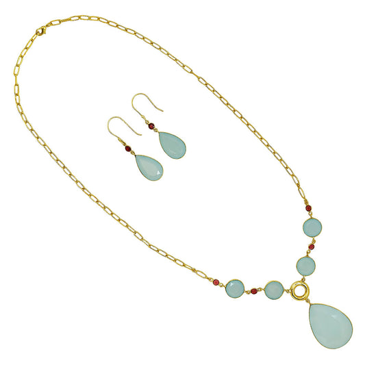 18K Gold Over Brass Aqua Chalcedony and Garnet Necklace Earrings Set TT01002