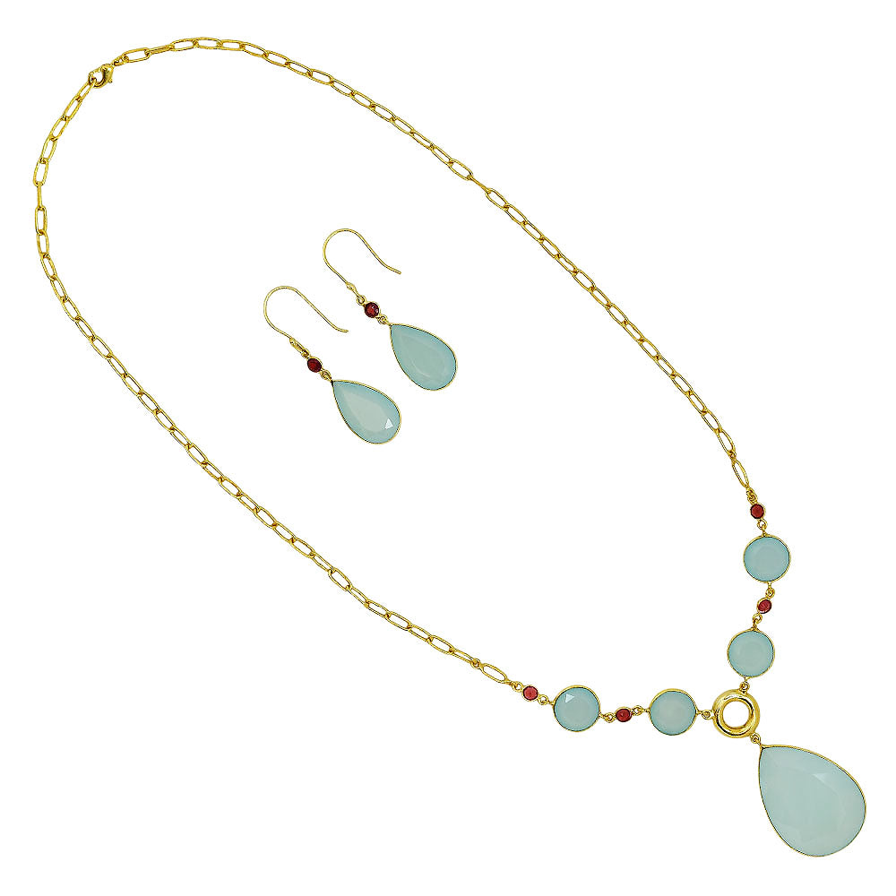 18K Gold Plated Aqua Chalcedony and Garnet Necklace Earrings Set TT01002