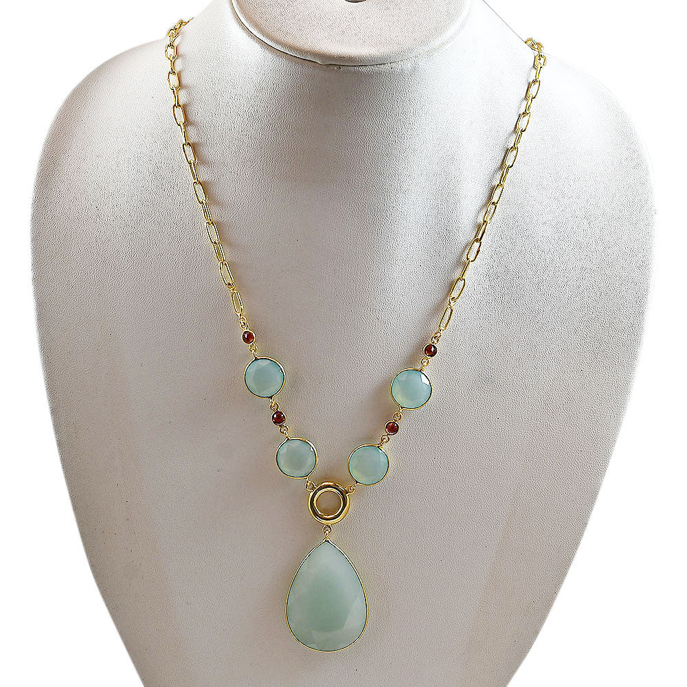 18K Gold Plated Aqua Chalcedony and Garnet Necklace Earrings Set TT01002
