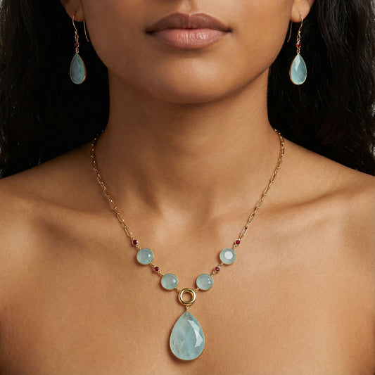 18K Gold Plated Aqua Chalcedony and Garnet Necklace Earrings Set TT01002