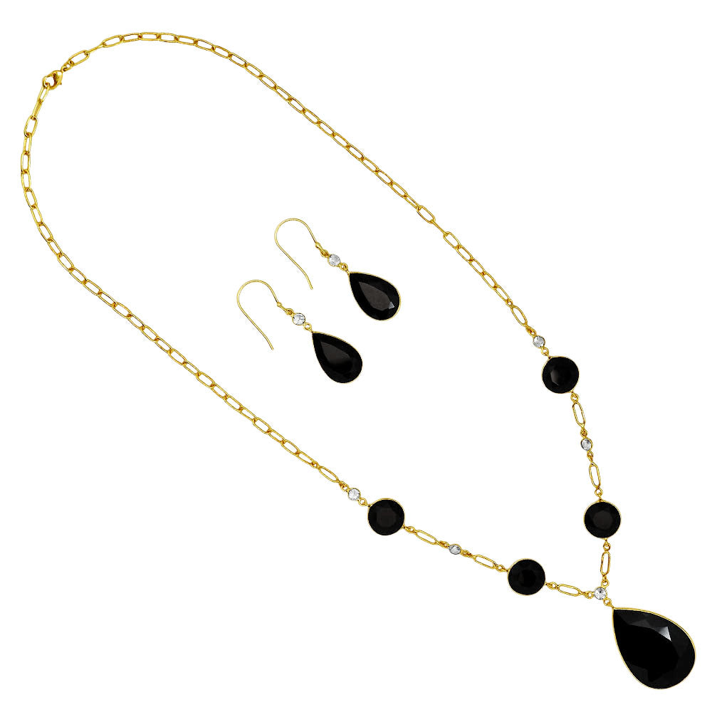 18K Gold Over Brass Black Onyx and Sky Blue Topaz Necklace Earrings Set TT01003