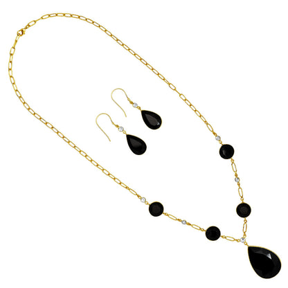 18K Gold Over Brass Black Onyx and Sky Blue Topaz Necklace Earrings Set TT01003