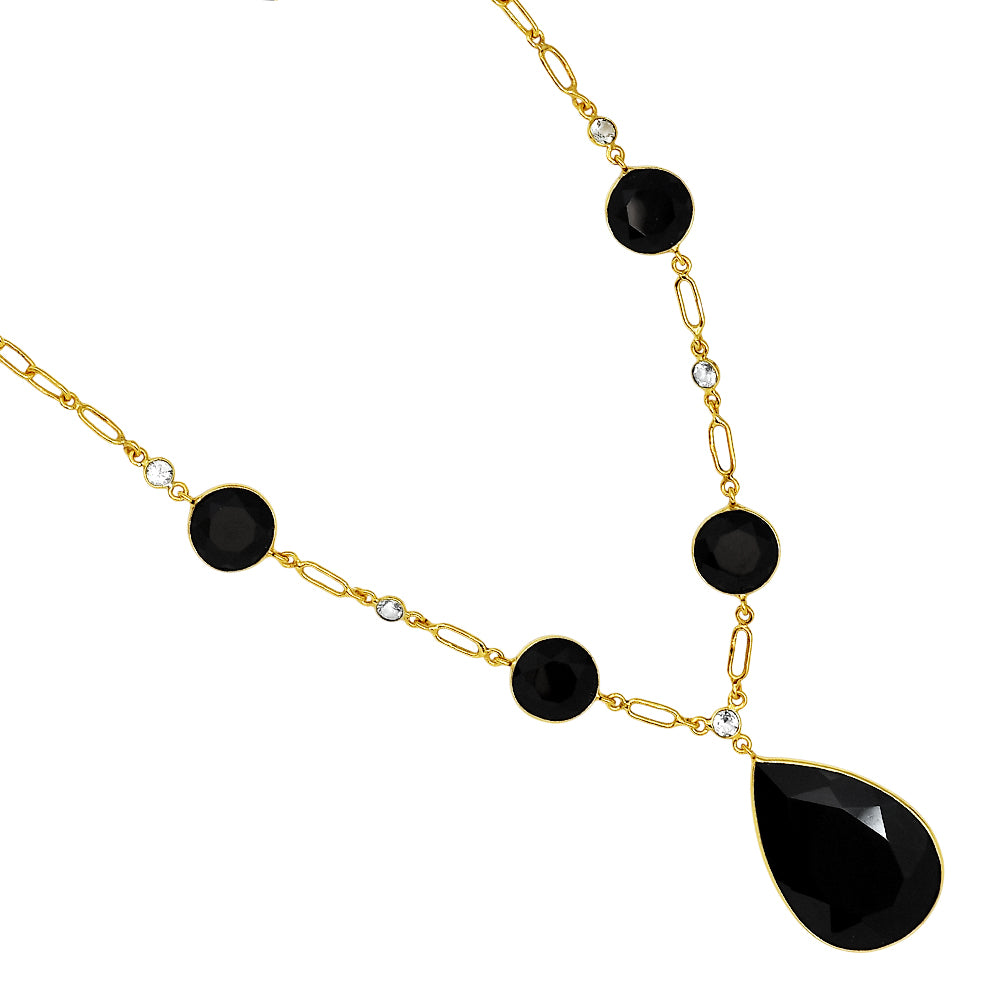 18K Gold Over Brass Black Onyx and Sky Blue Topaz Necklace Earrings Set TT01003