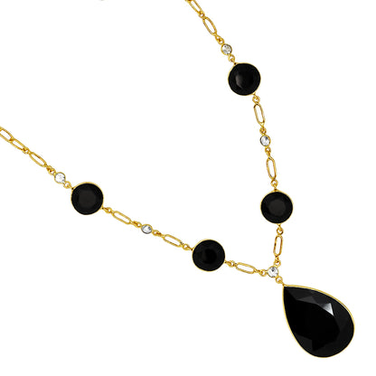 18K Gold Over Brass Black Onyx and Sky Blue Topaz Necklace Earrings Set TT01003