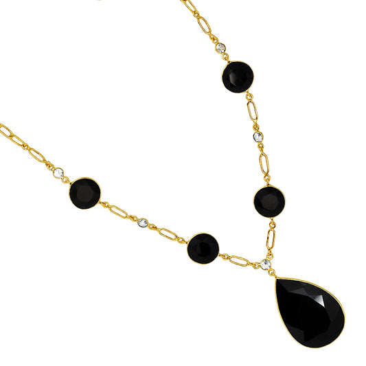 18K Gold Over Brass Black Onyx and Sky Blue Topaz Necklace Earrings Set TT01003