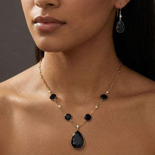 18K Gold Plated Black Onyx and Sky Blue Topaz Necklace Earrings Set TT01003