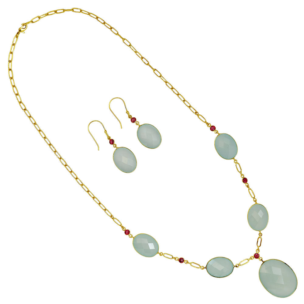 18K Gold Plated Aqua Chalcedony and Garnet Necklace Earrings Set TT01004