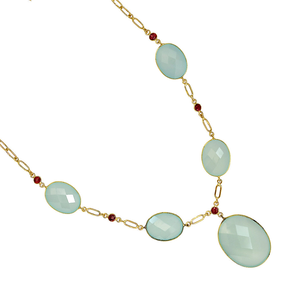 18K Gold Plated Aqua Chalcedony and Garnet Necklace Earrings Set TT01004