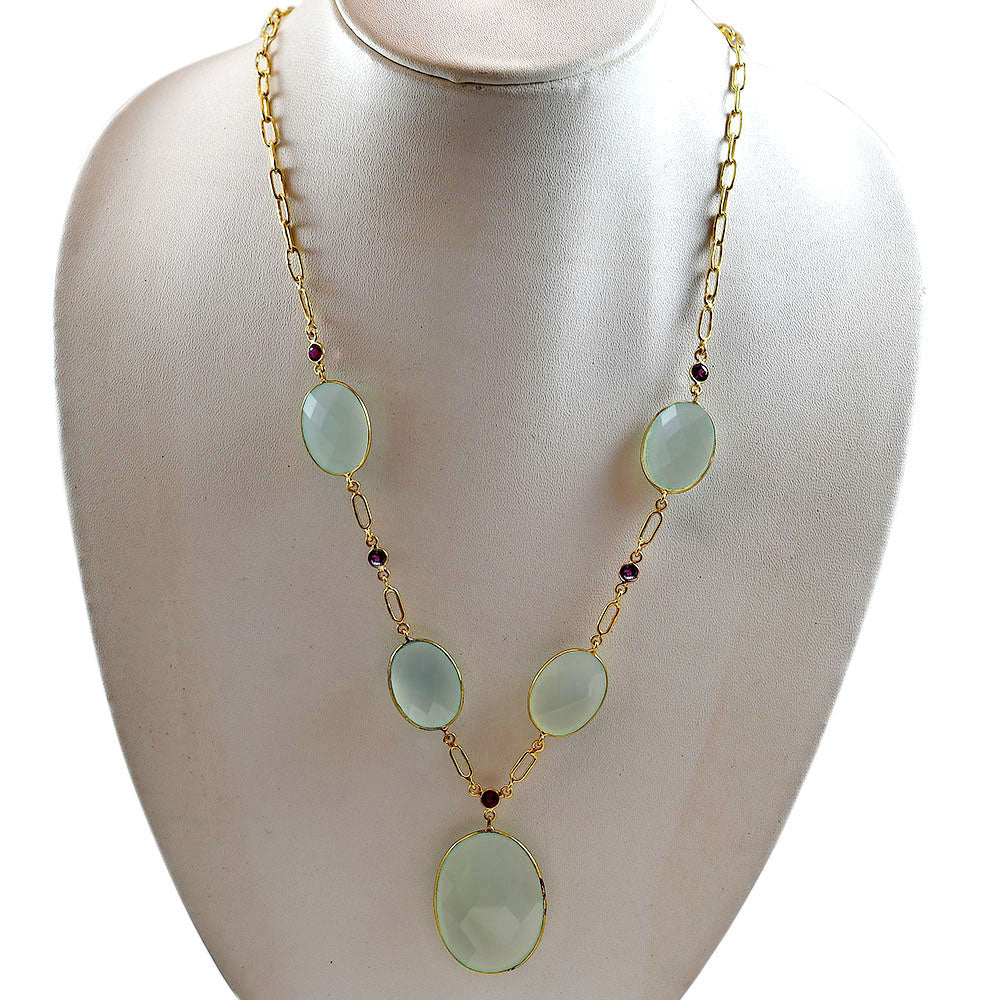 18K Gold Plated Aqua Chalcedony and Garnet Necklace Earrings Set TT01004