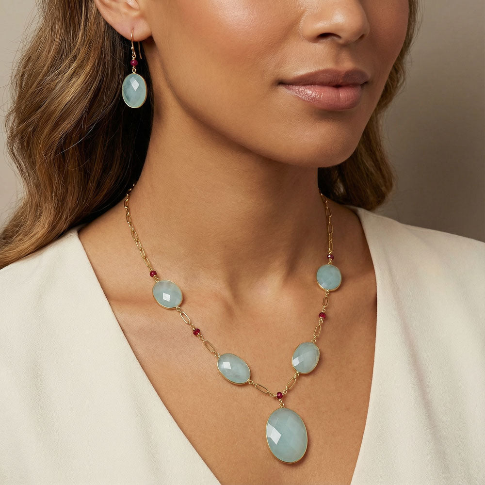 18K Gold Plated Aqua Chalcedony and Garnet Necklace Earrings Set TT01004