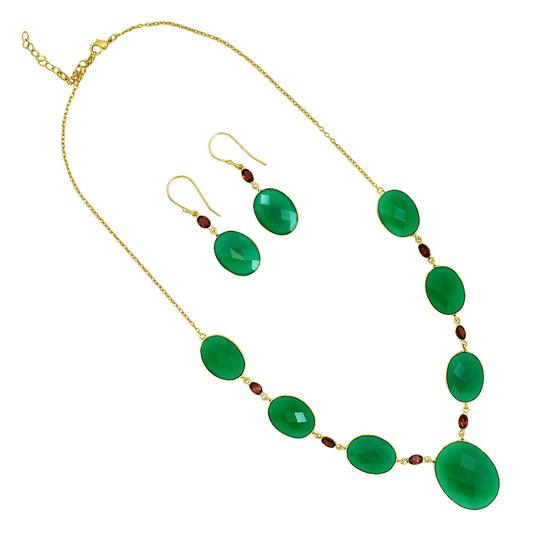18K Gold Over Brass Green Onyx and Garnet Necklace Earrings Set TT01005